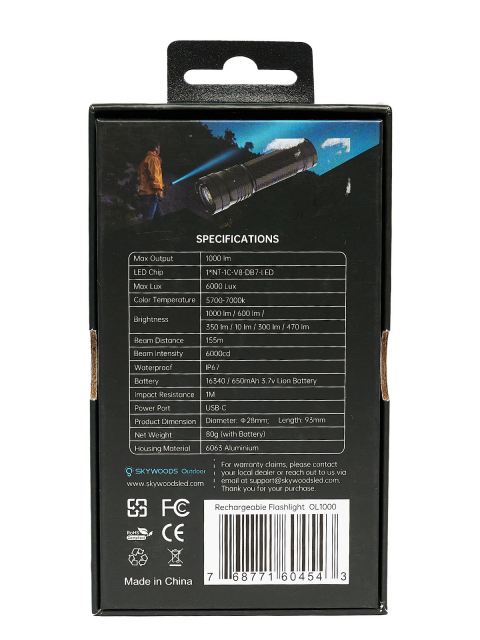 Ручной фонарь SKYWOODS MYSTIC, 1000 люмен, USB-Type C, холодный свет, IP67