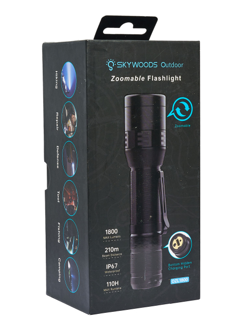Ручной фонарь SKYWOODS WILD, 1800 люмен, USB-Type C, холодный свет, IP67