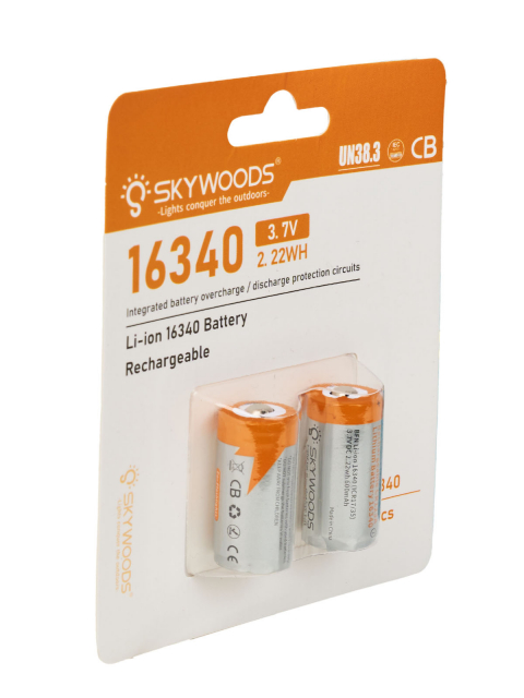 Аккумулятор SKYWOODS INR16340, 700mAh, до 1000 перезарядок, комплект - 2 шт.