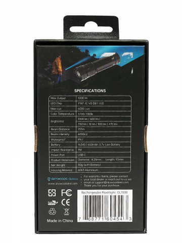 Ручной фонарь SKYWOODS MYSTIC, 1000 люмен, USB-Type C, холодный свет, IP67