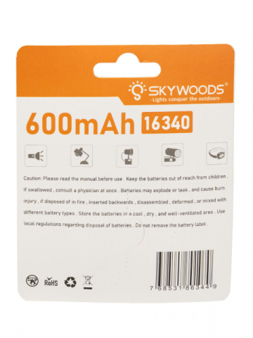 Аккумулятор SKYWOODS INR16340, 700mAh, до 1000 перезарядок, комплект - 2 шт.
